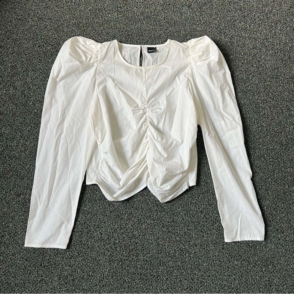 White Puff Long-Sleeve Ruched Detail Corset Modest Cute Blouse Shirt Top Sz M-L - Picture 7 of 15